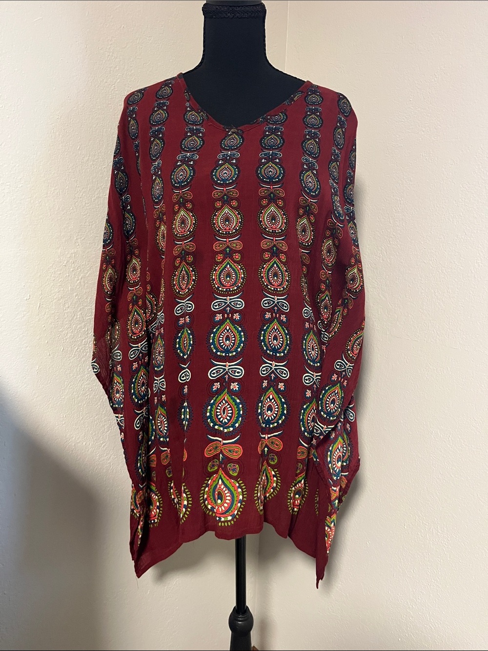 Earthbound Bohemian Tunic Kimono Red Printed V-Neck Women’s Top-Large
